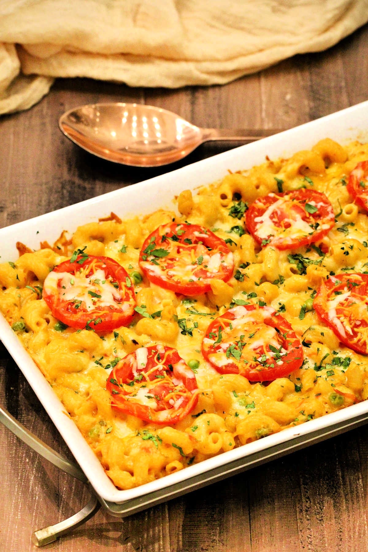 Masala Mac and Cheese in a white serving tray.