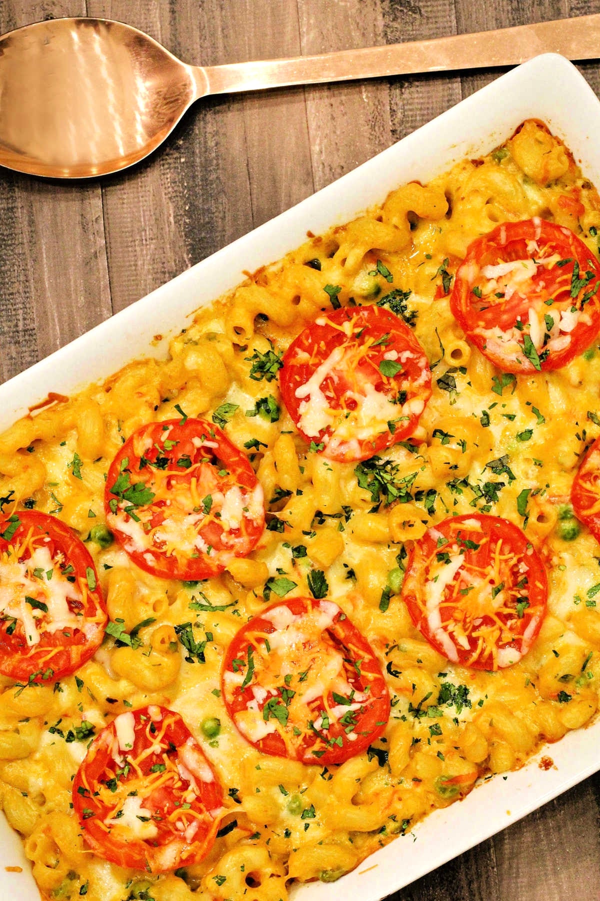 Overhead of Masala Mac and Cheese in a white serving tray.