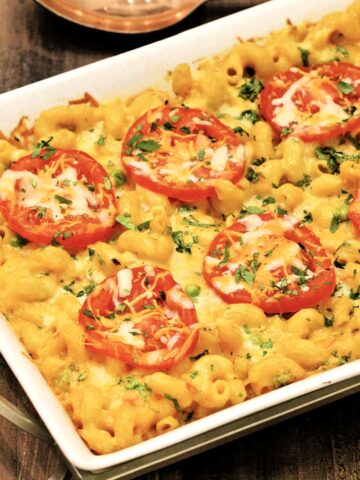 Masala Mac and Cheese in a white serving tray.