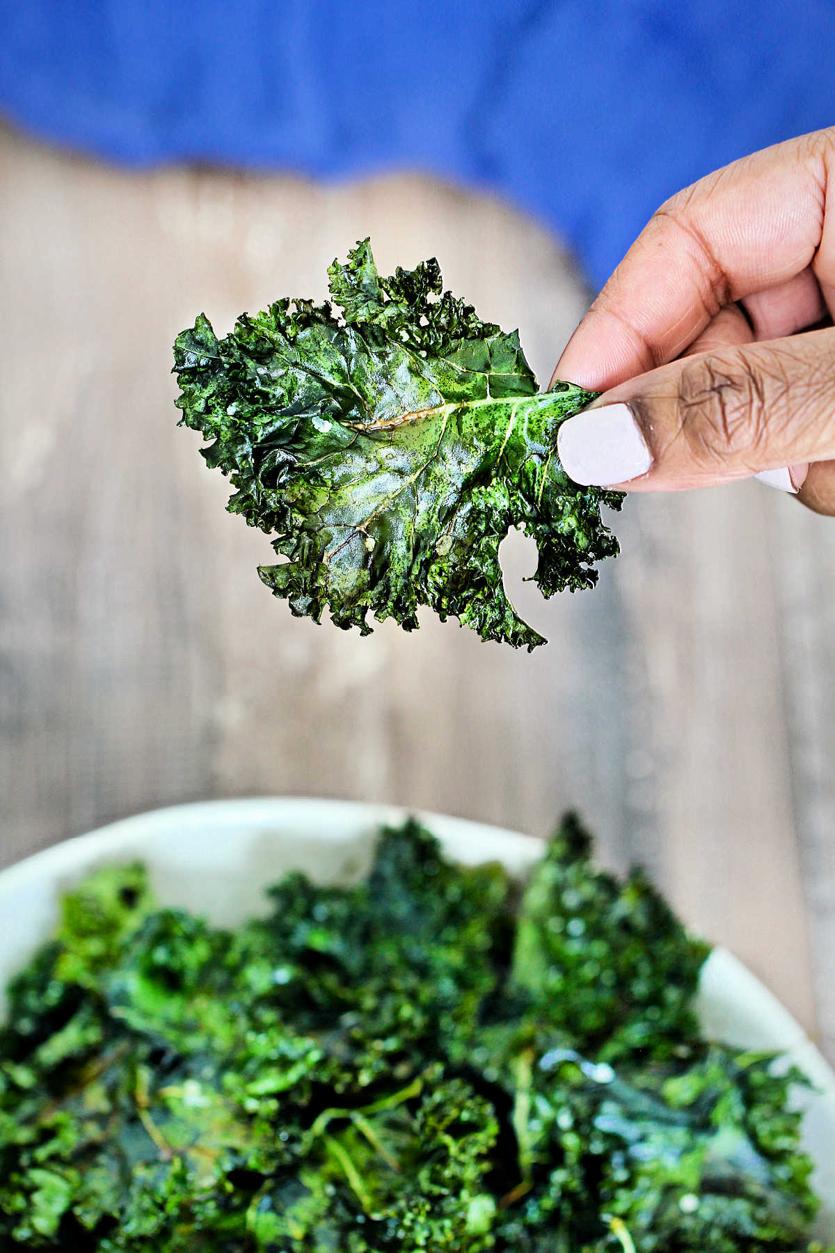 A crispy kale chip being held in a hand.