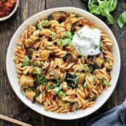 red pesto pasta overhead