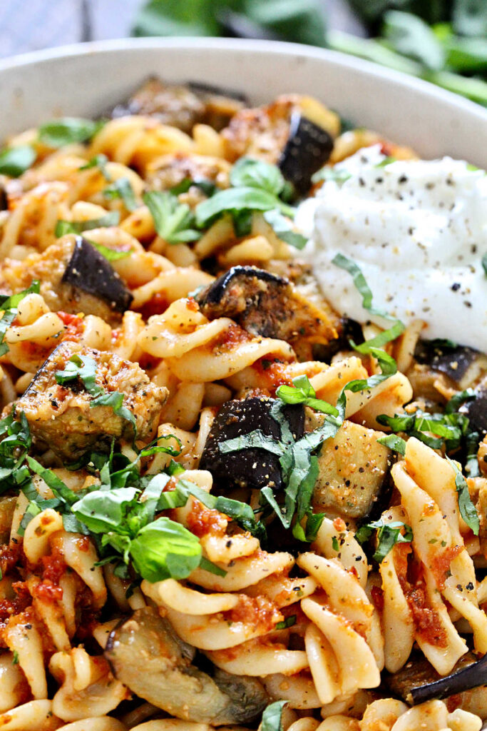 red pesto pasta close up
