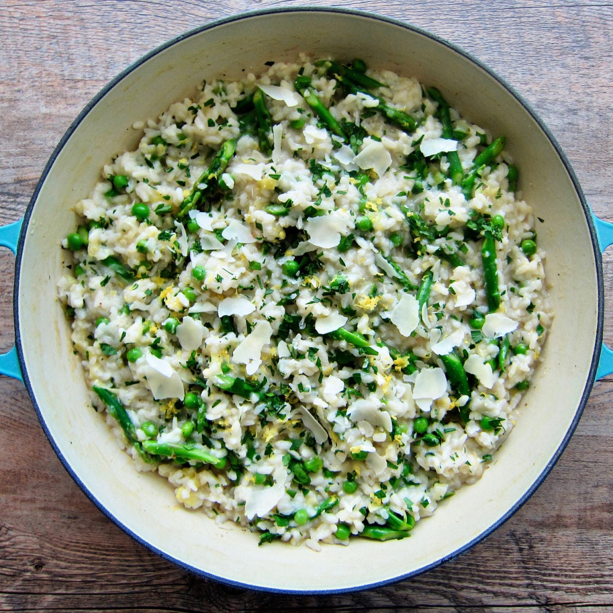 lemon risotto in skillet overhead