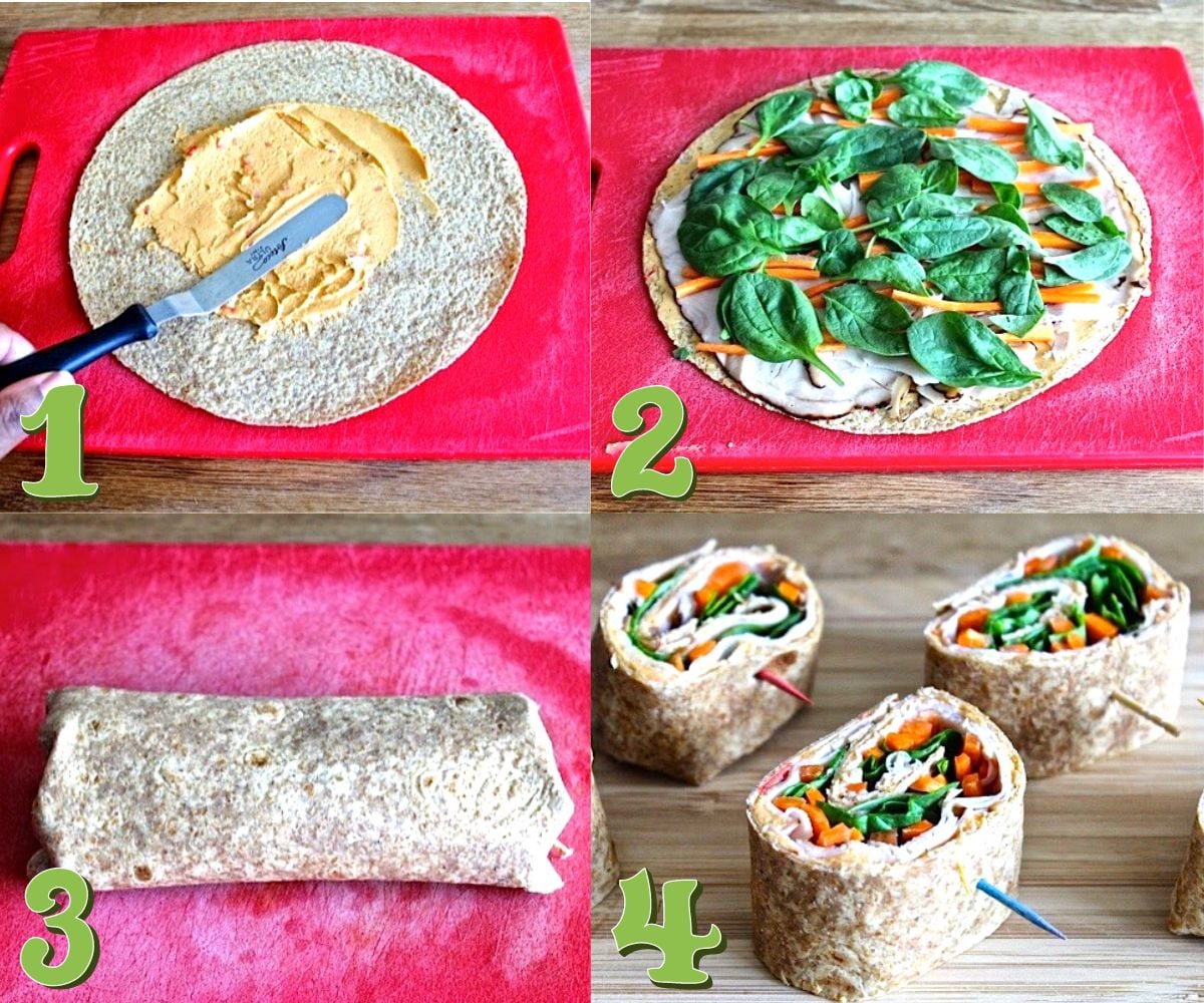 Collage of steps 1-4 how to make turkey hummus pinwheels.