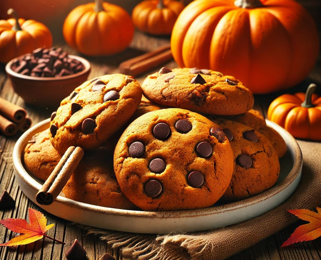 Pumpkin chocolate chip cookies on a plate. 