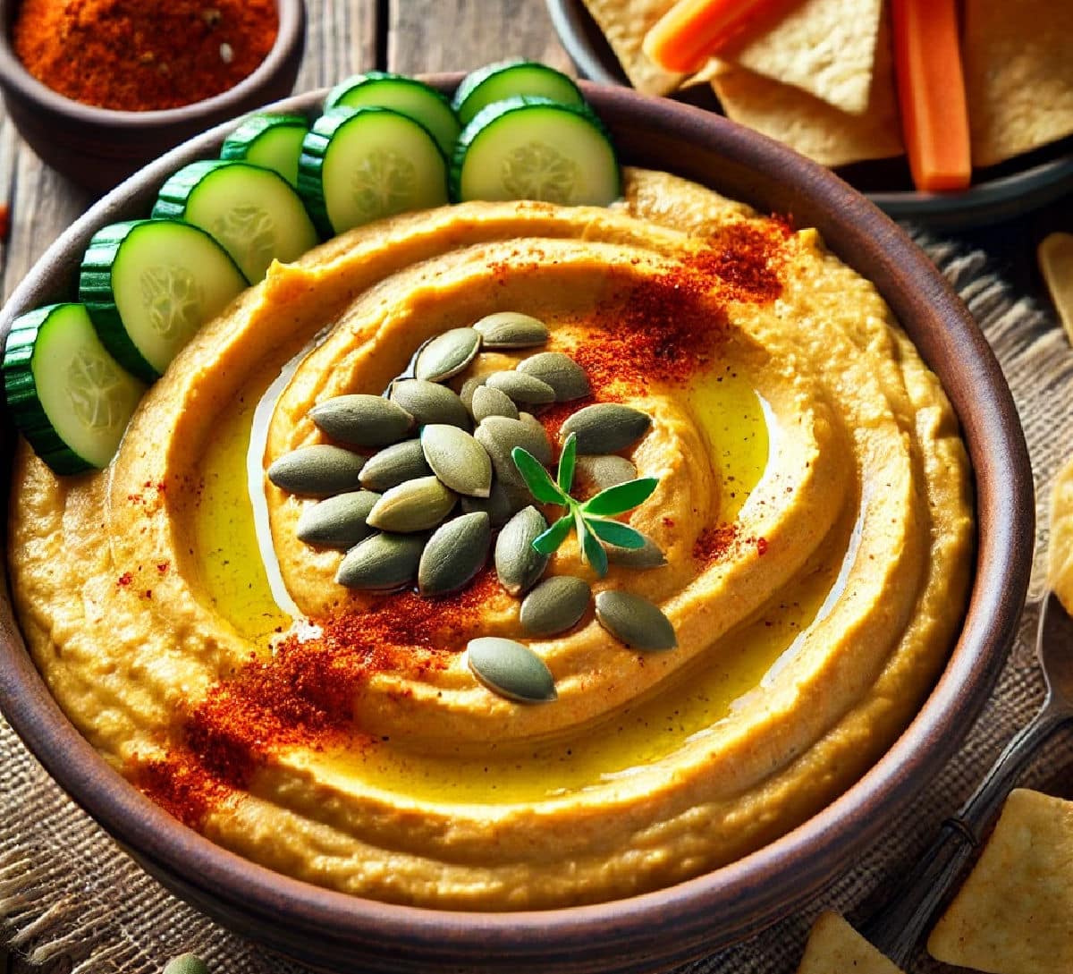 A bowl of pumpkin hummus with cucumber slices and pumpkin seeds. 