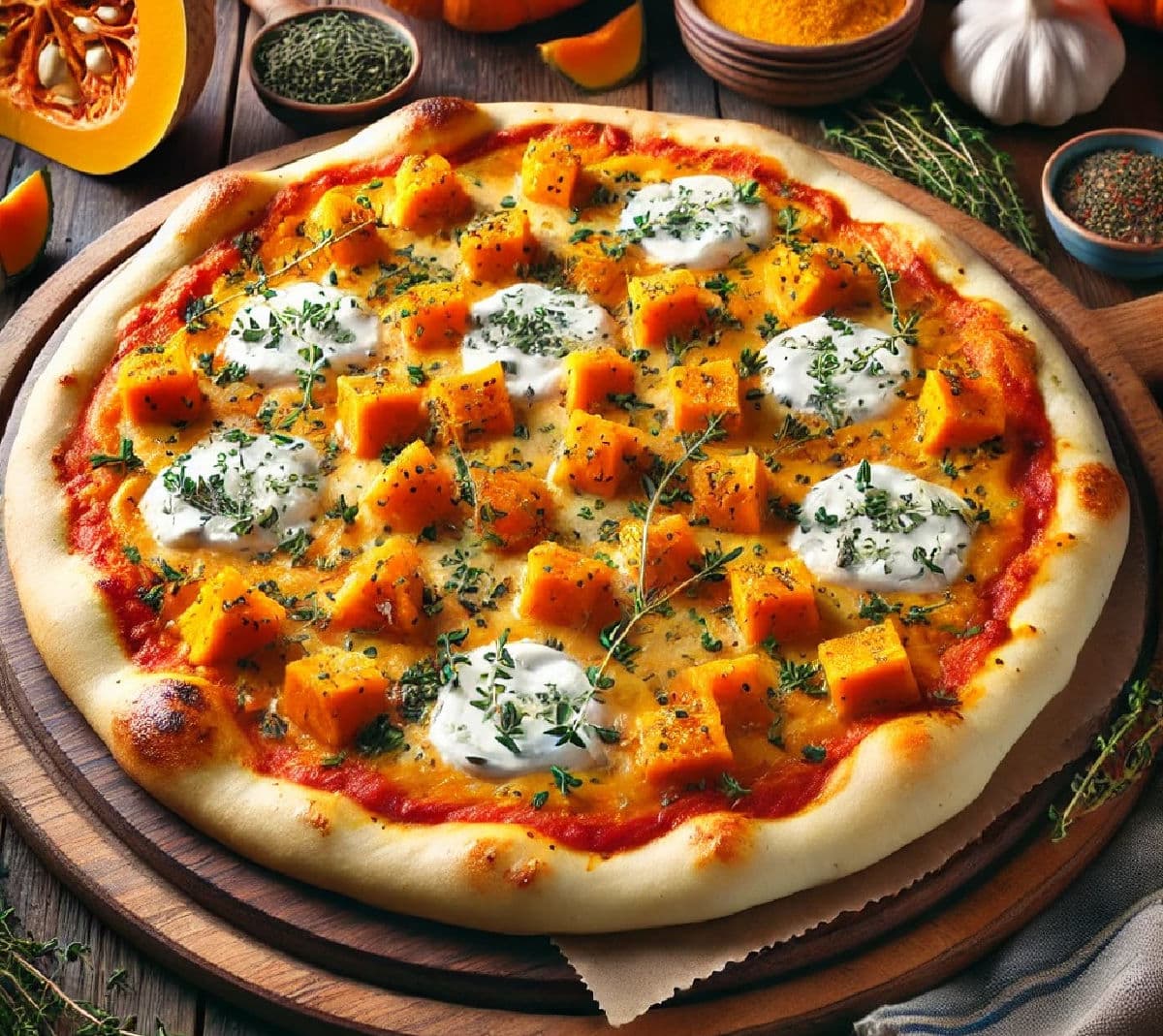 Pumpkin pizza on a wooden board.
