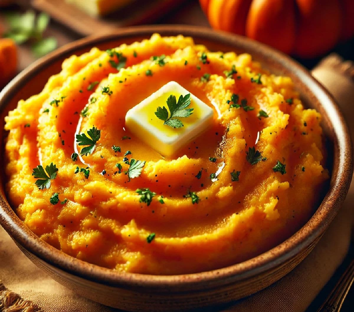 Pumpkin mashed potatoes with a pat of butter on top. 