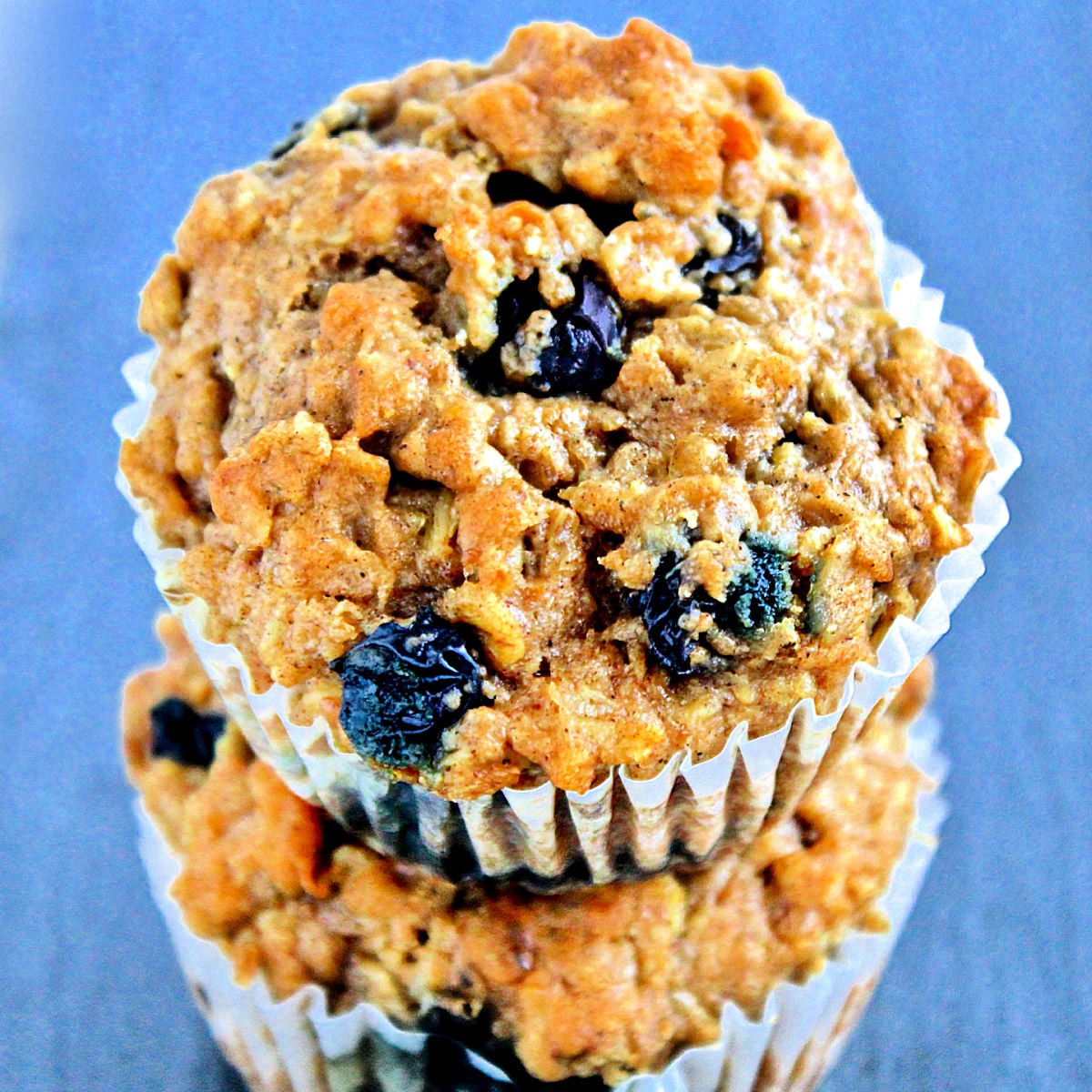 Stack of two flaxseed muffins.