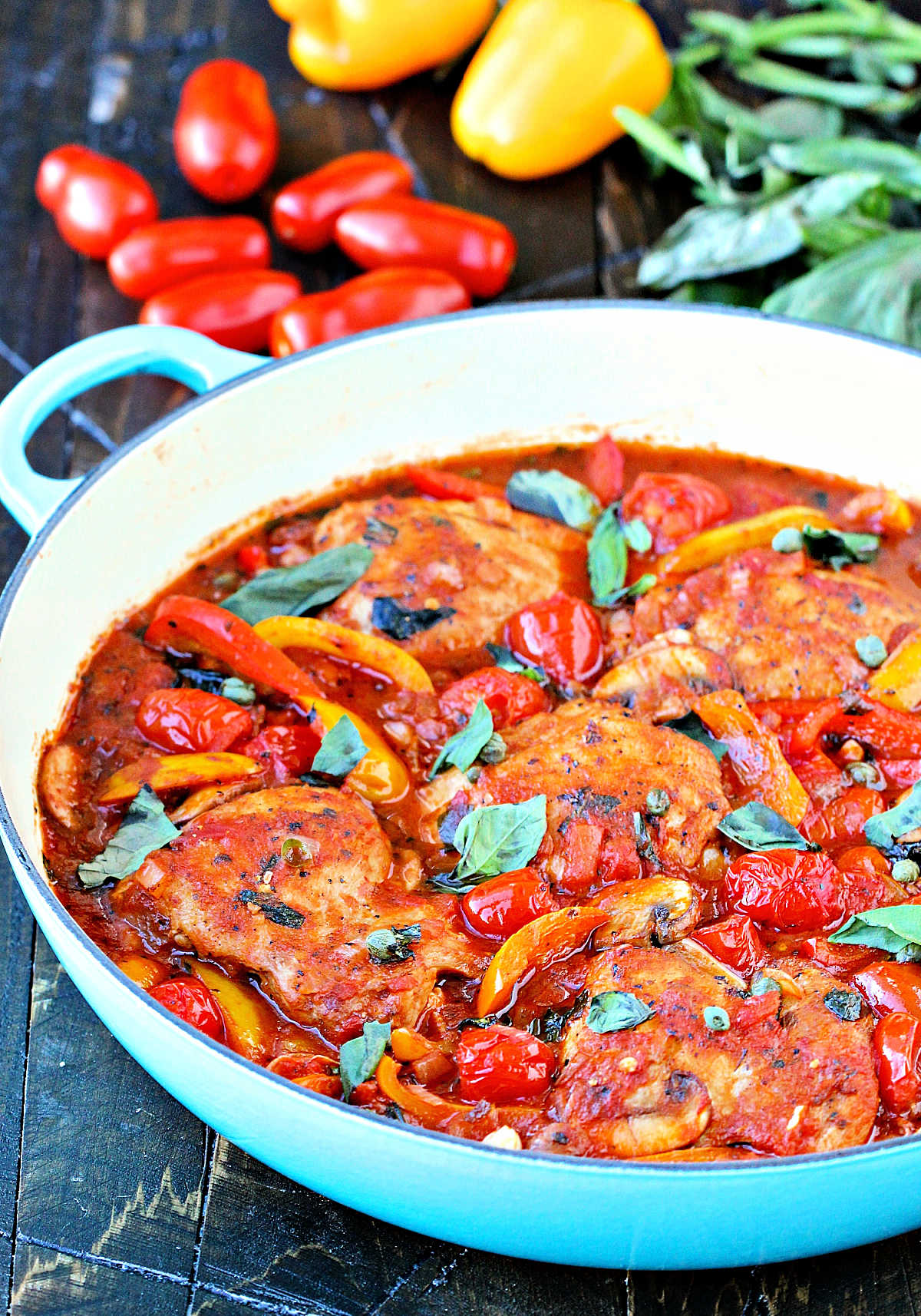 Quick and Easy Chicken Cacciatore in blue pan.