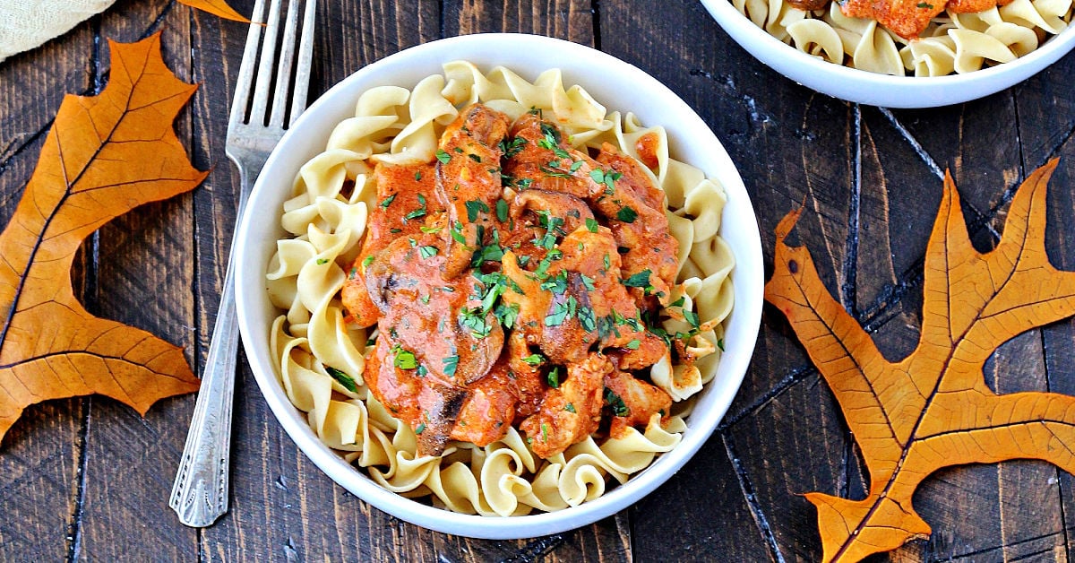 Creamy Paprika Chicken in a white bowl.