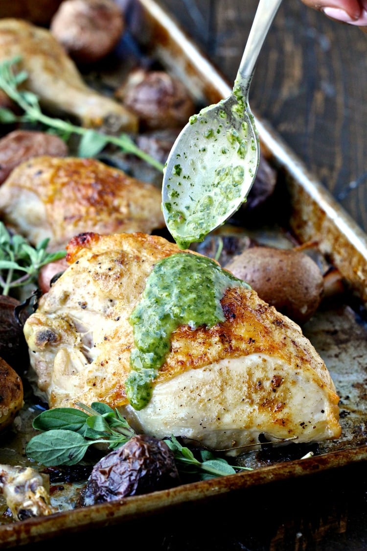 Sheet Pan Roast Chicken and Potatoes with Chimichurri | @foodiephysician