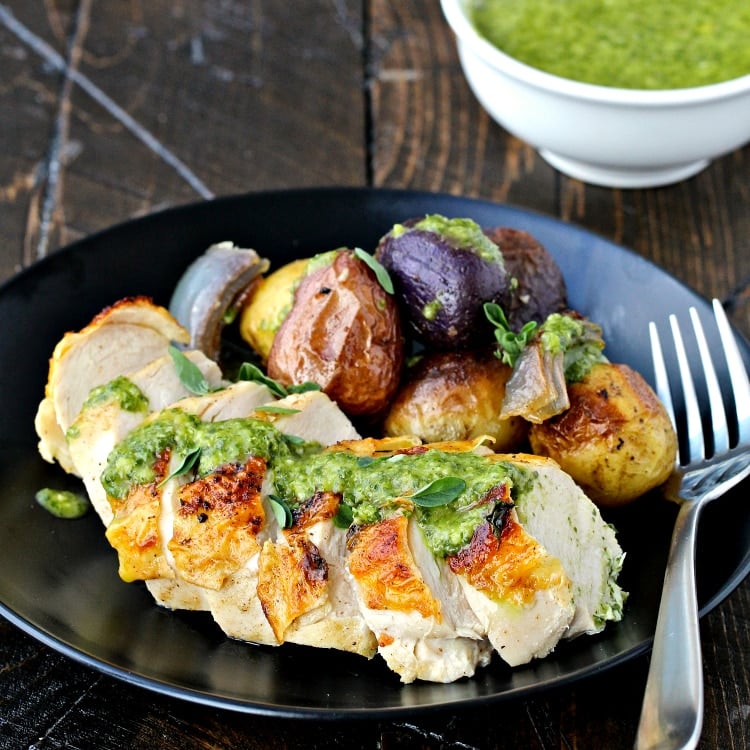 Sheet Pan Roast Chicken and Potatoes with Chimichurri | @foodiephysician