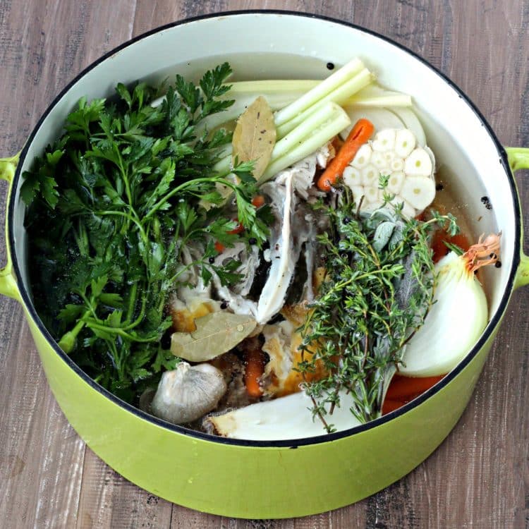 Homemade Chicken Stock in a large pot.