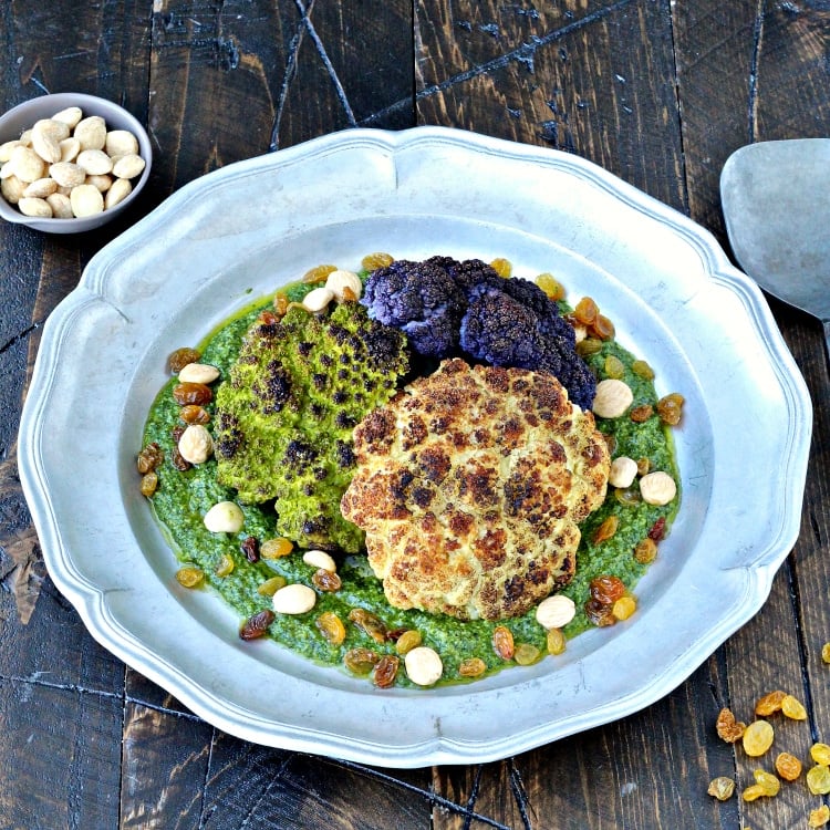 Whole Roasted Cauliflower with Marcona Almond Pesto | @foodiephysician