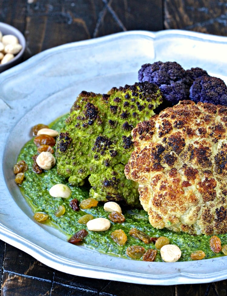 Whole Roasted Cauliflower with Marcona Almond Pesto | @foodiephysician