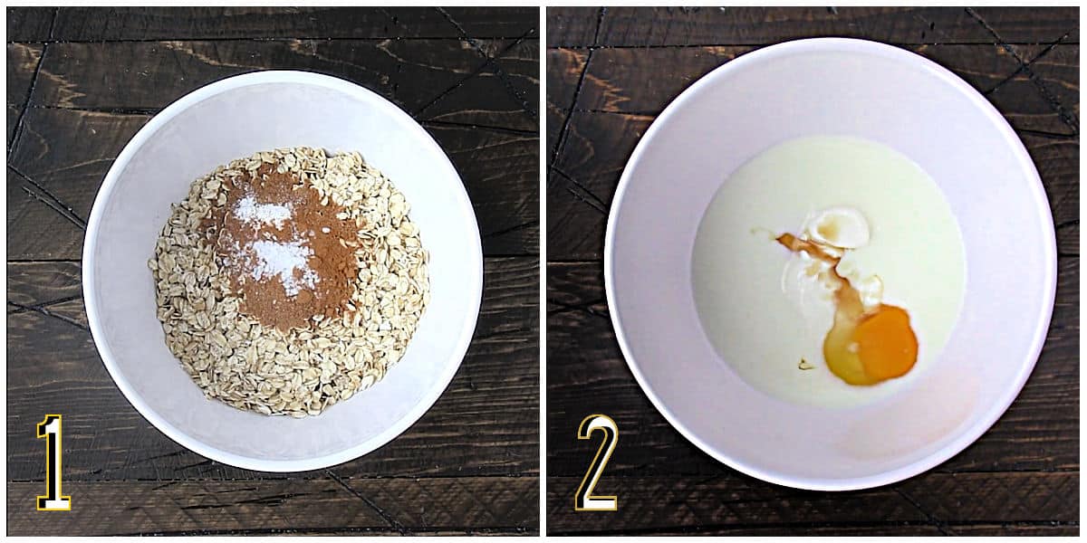 Two picture collage of dry ingredients and wet ingredients.