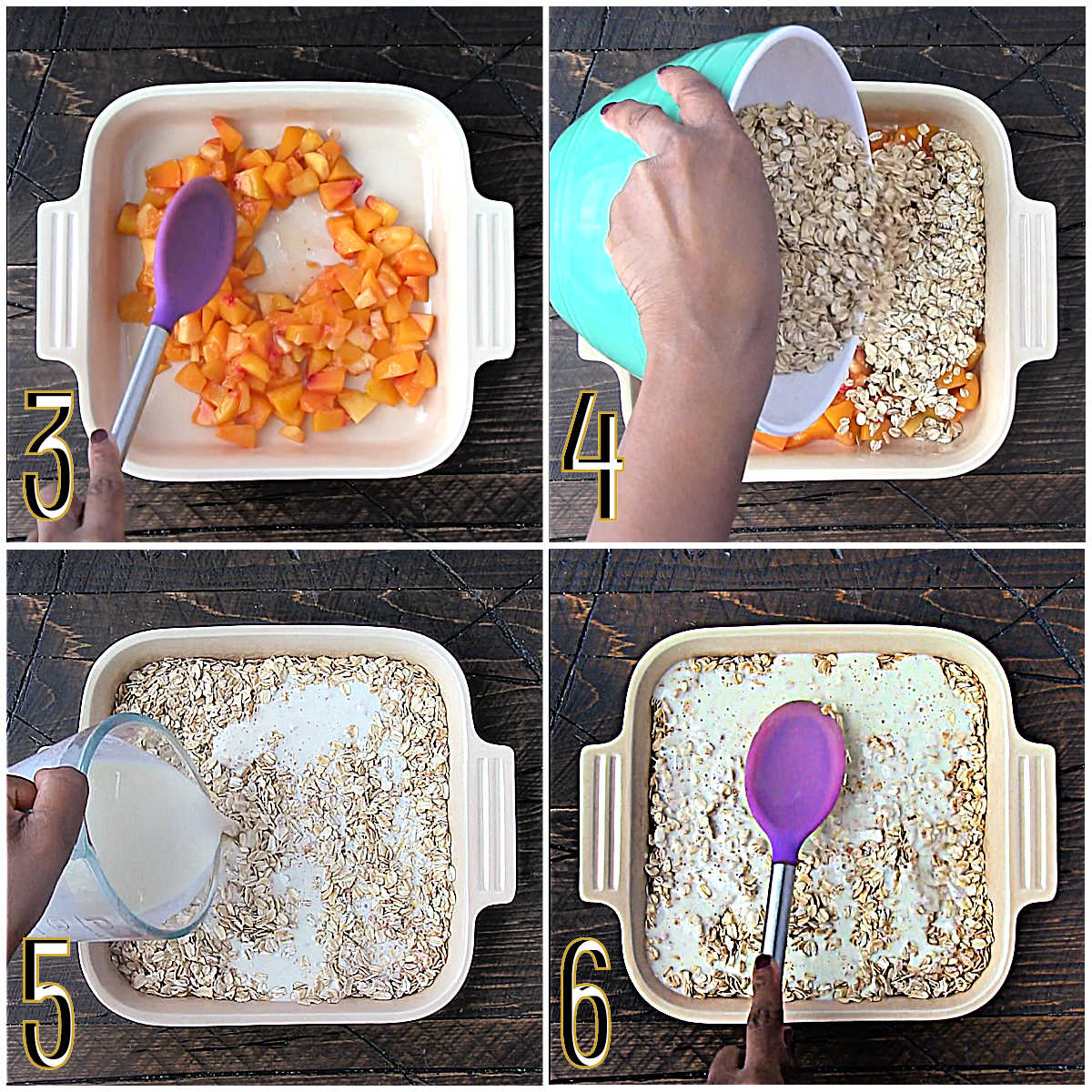 Collage of steps 3-6 for peach baked oatmeal.