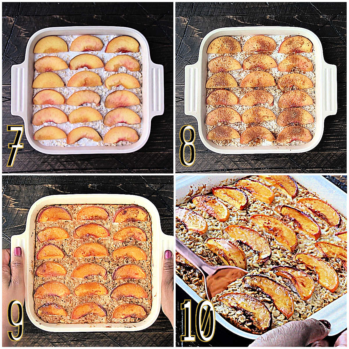 Collage of steps 7-10 for peach baked oatmeal.