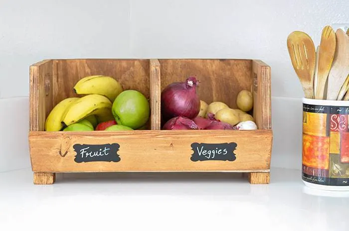 DIY wood bins with fruits and vegetables