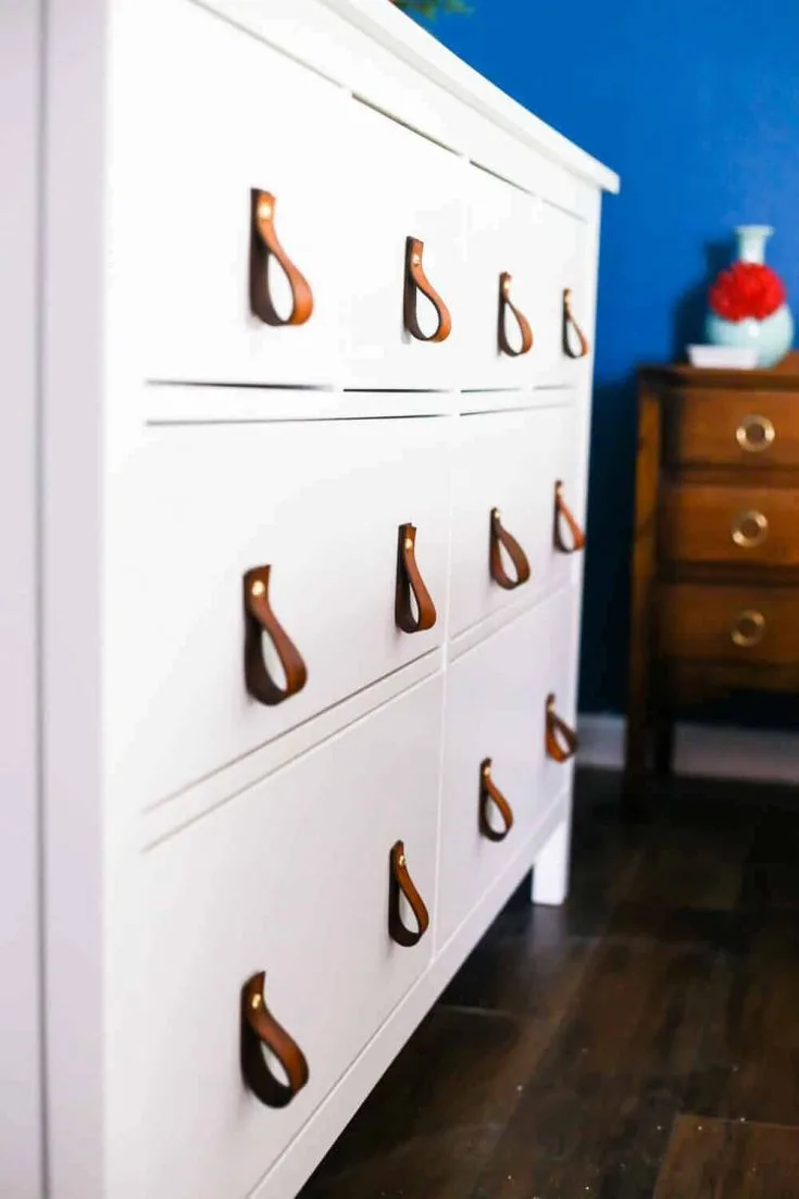 DIY leather drawer pulls on white dresser