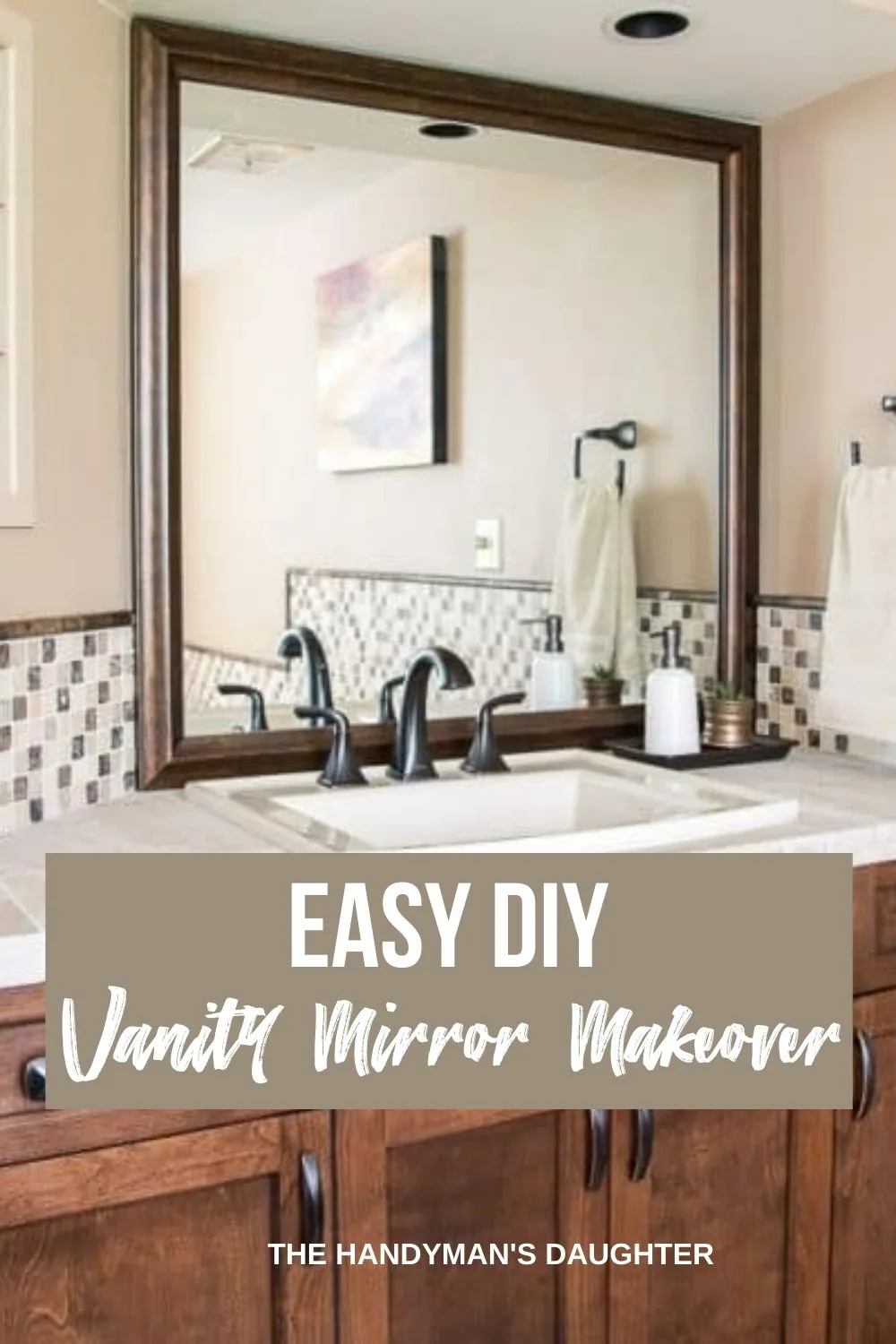 bathroom vanity and mirror with text overlay "Easy DIY Vanity Mirror Makeover"