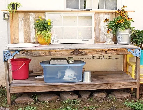 DIY potting bench from salvaged materials
