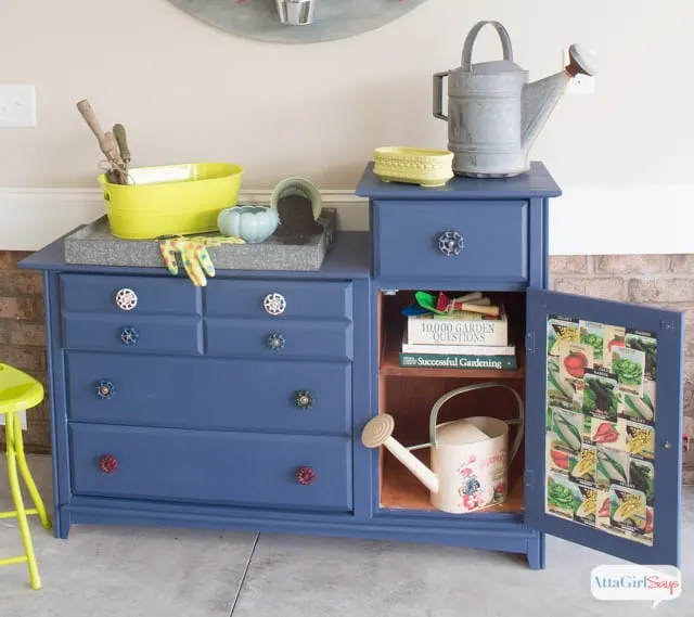 old dresser turned into a potting bench