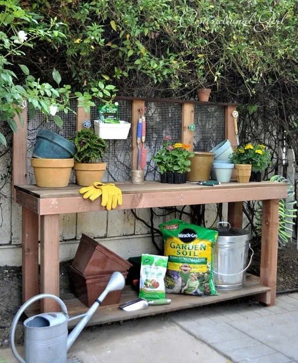 large DIY potting bench with mesh back