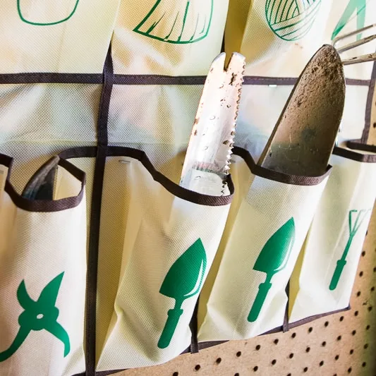 close up view of hanging garden tool organizer
