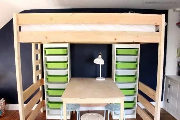DIY loft bed with Lego table and storage underneath