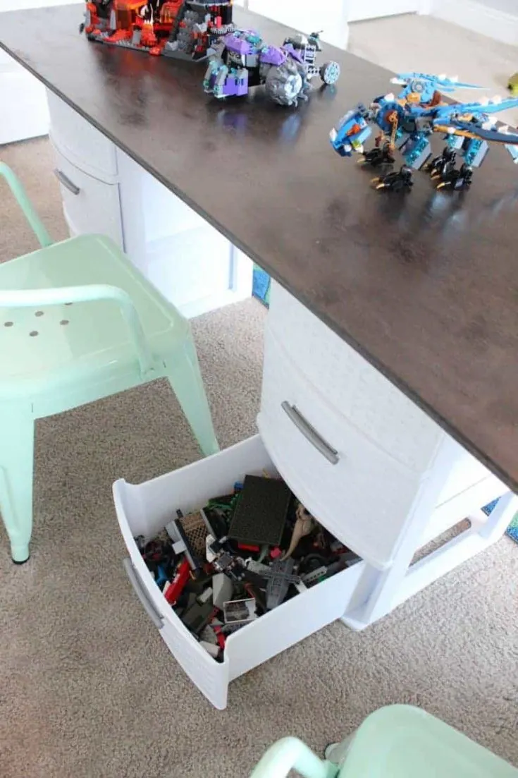 Lego table made from plastic storage drawers