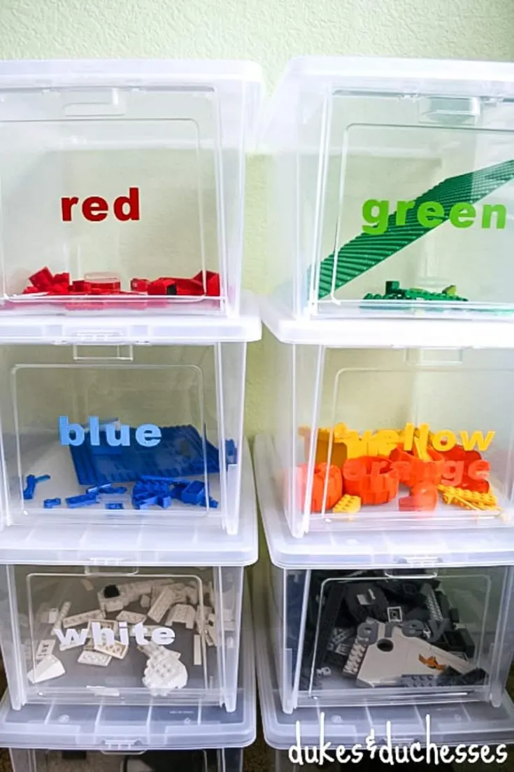 color coded plastic bins for storing Lego pieces