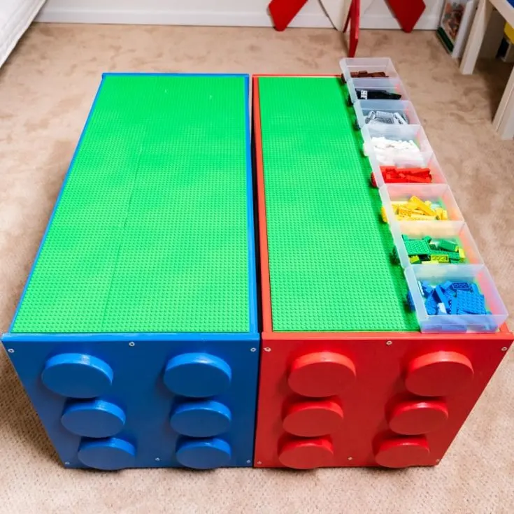 IKEA Lego table hack with sorting bins on top