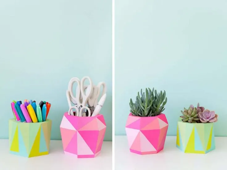 DIY desk decor - geometric pots used as a pencil cup or planter
