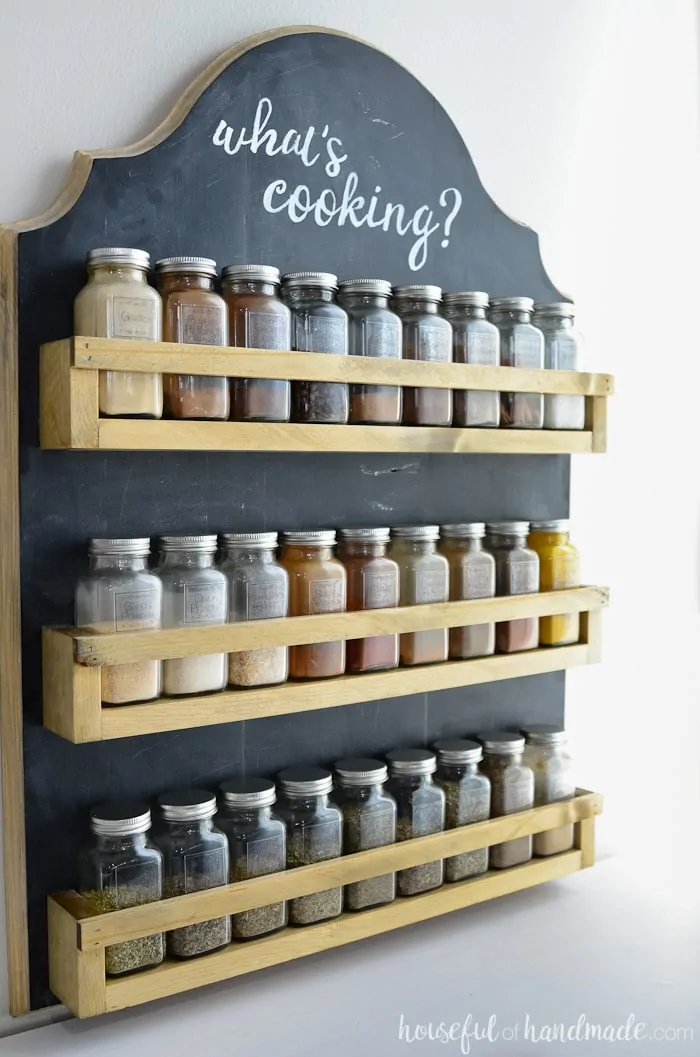 wooden spice rack with chalkboard backing