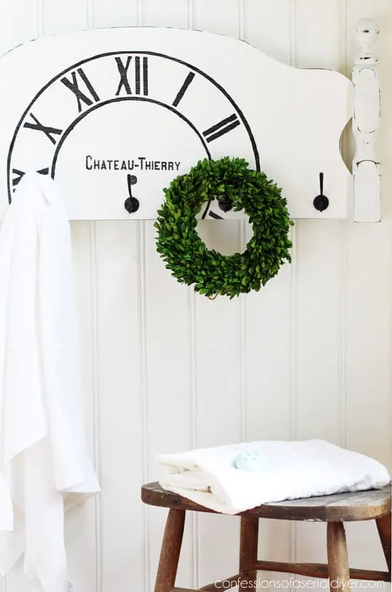 repurposed headboard towel rack