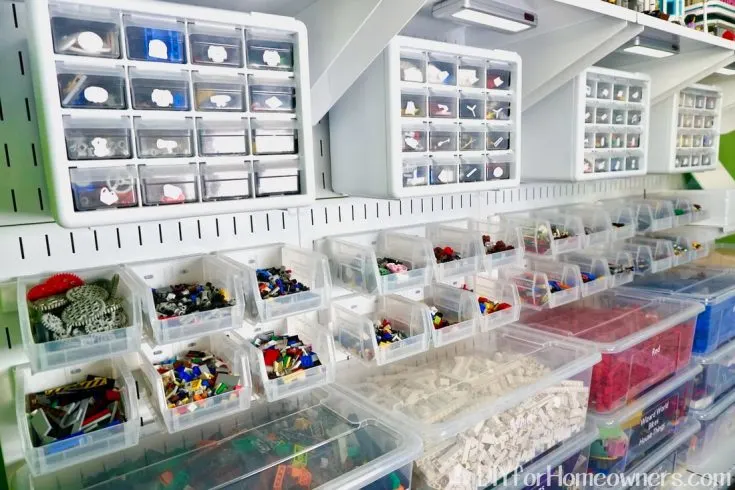 Lego wall with storage bins