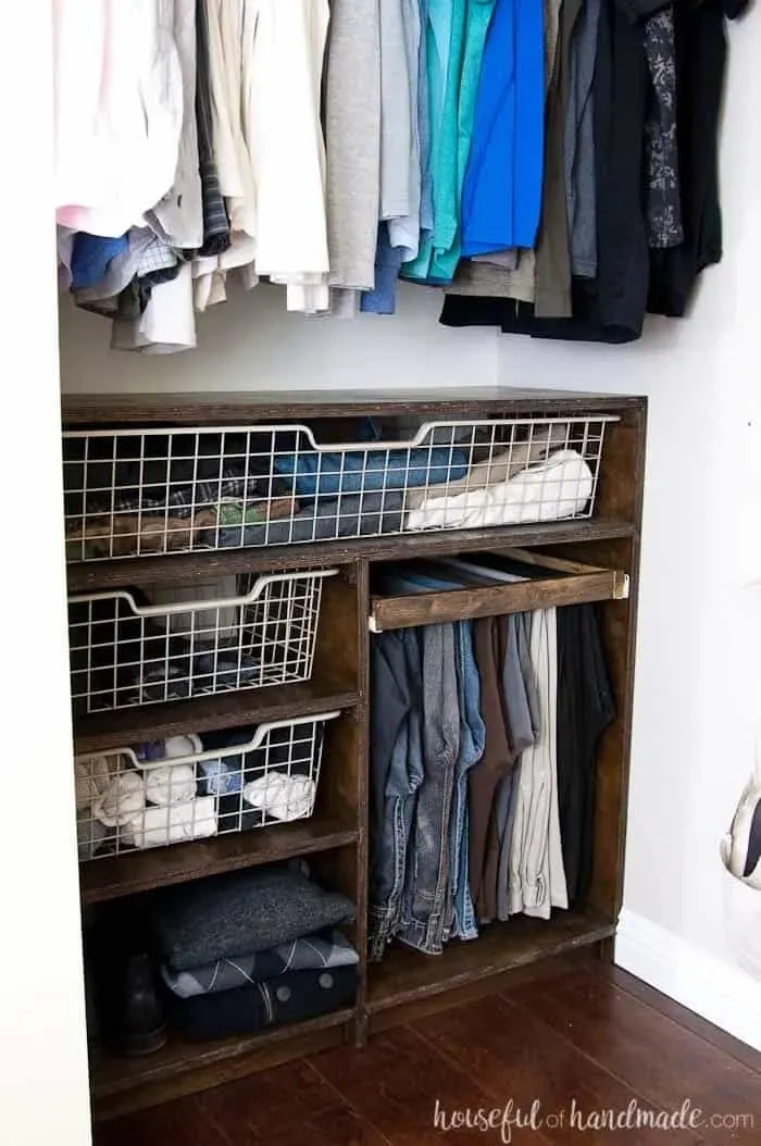 plywood closet organizer with metal bins
