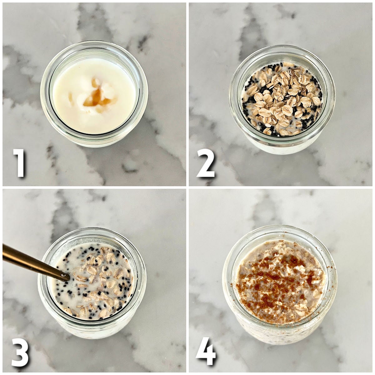 Steps for making cinnamon overnight oats.