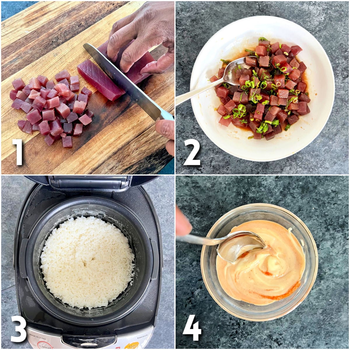 Steps for making spicy tuna poke bowls.