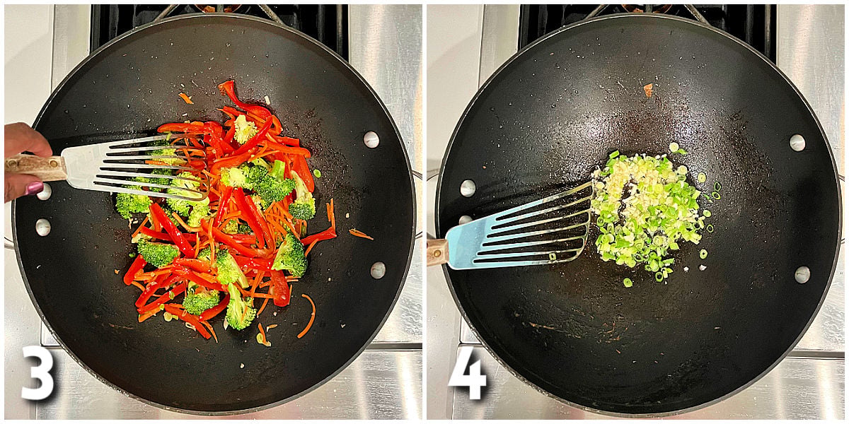 Steps 3 and 4 for making Shrimp Stir Fry with Noodles.