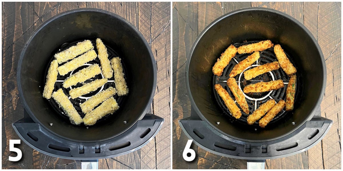 Steps 5-6 for making air fryer zucchini fries.
