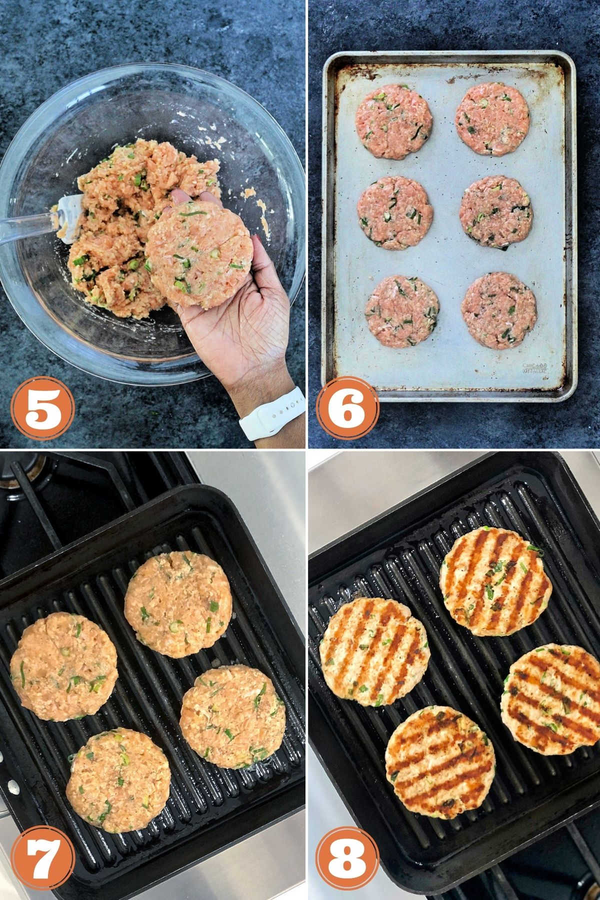 Collage of steps 5-8 for making grilled salmon burgers.