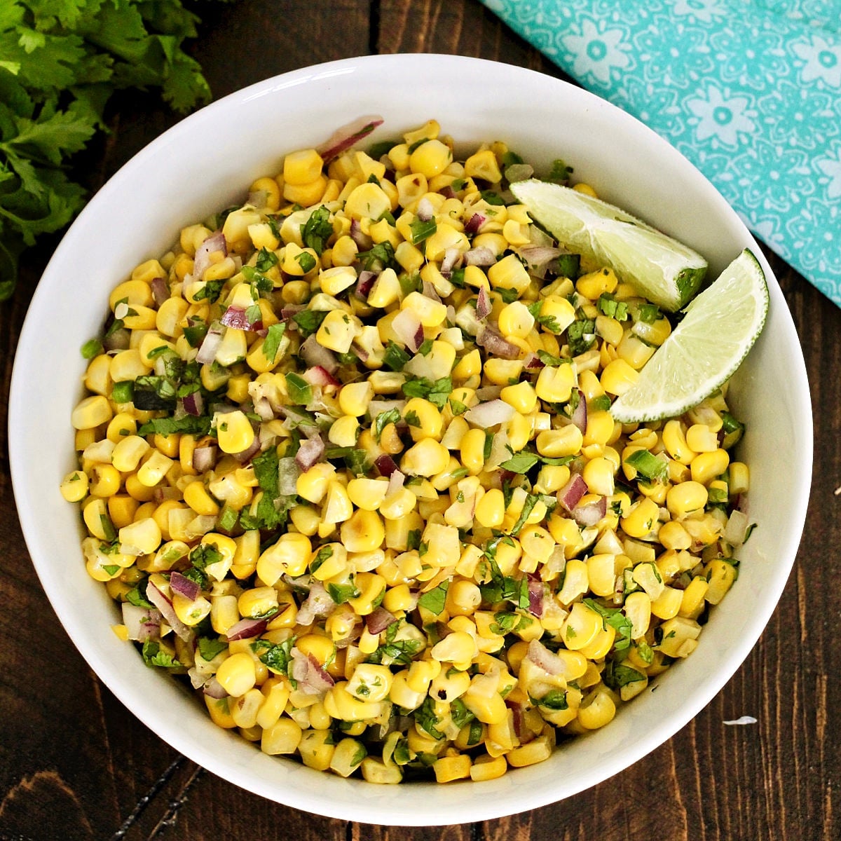 Overhead photo of Chipotle corn salsa in a white bowl.