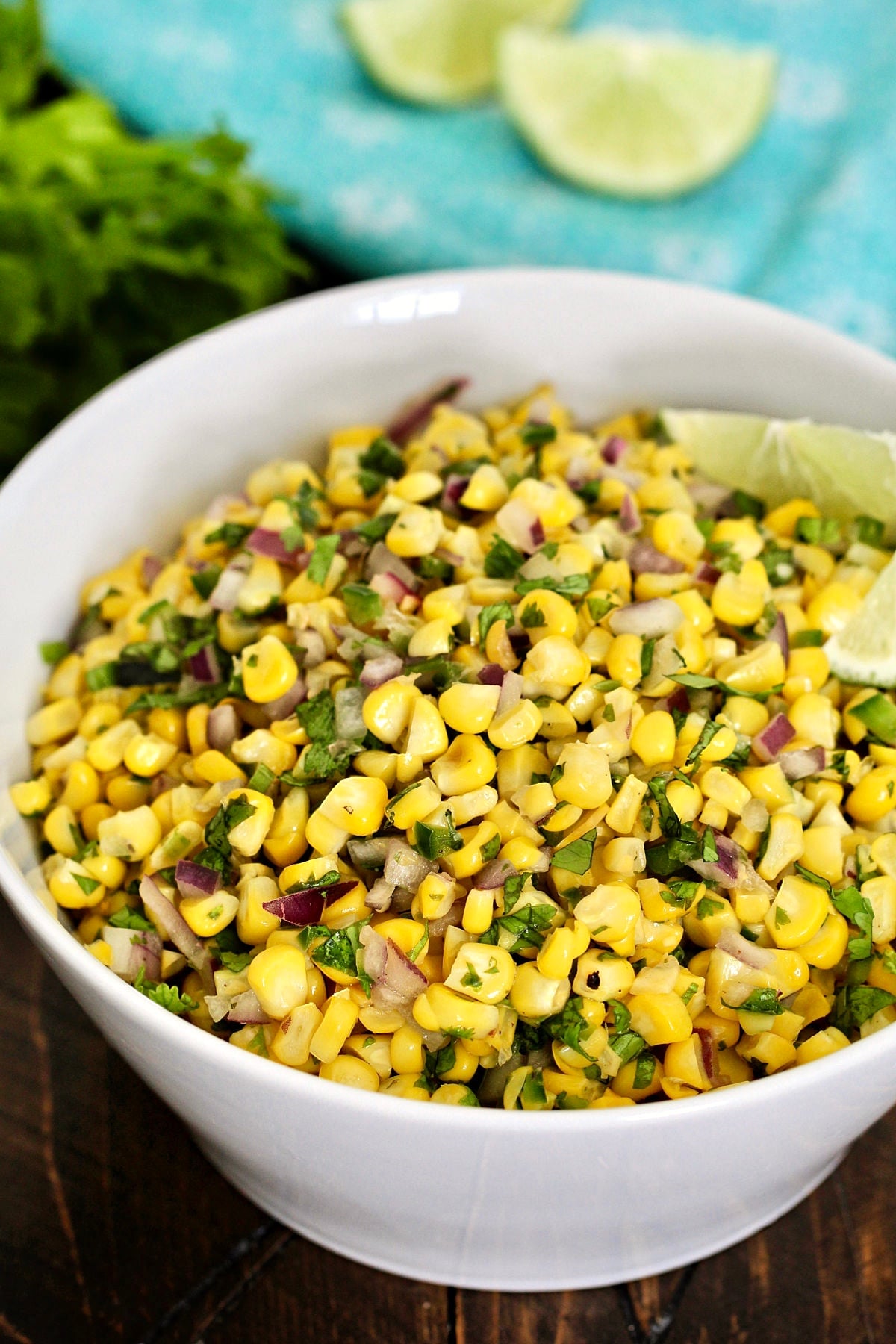 Chipotle corn salsa in a white bowl.