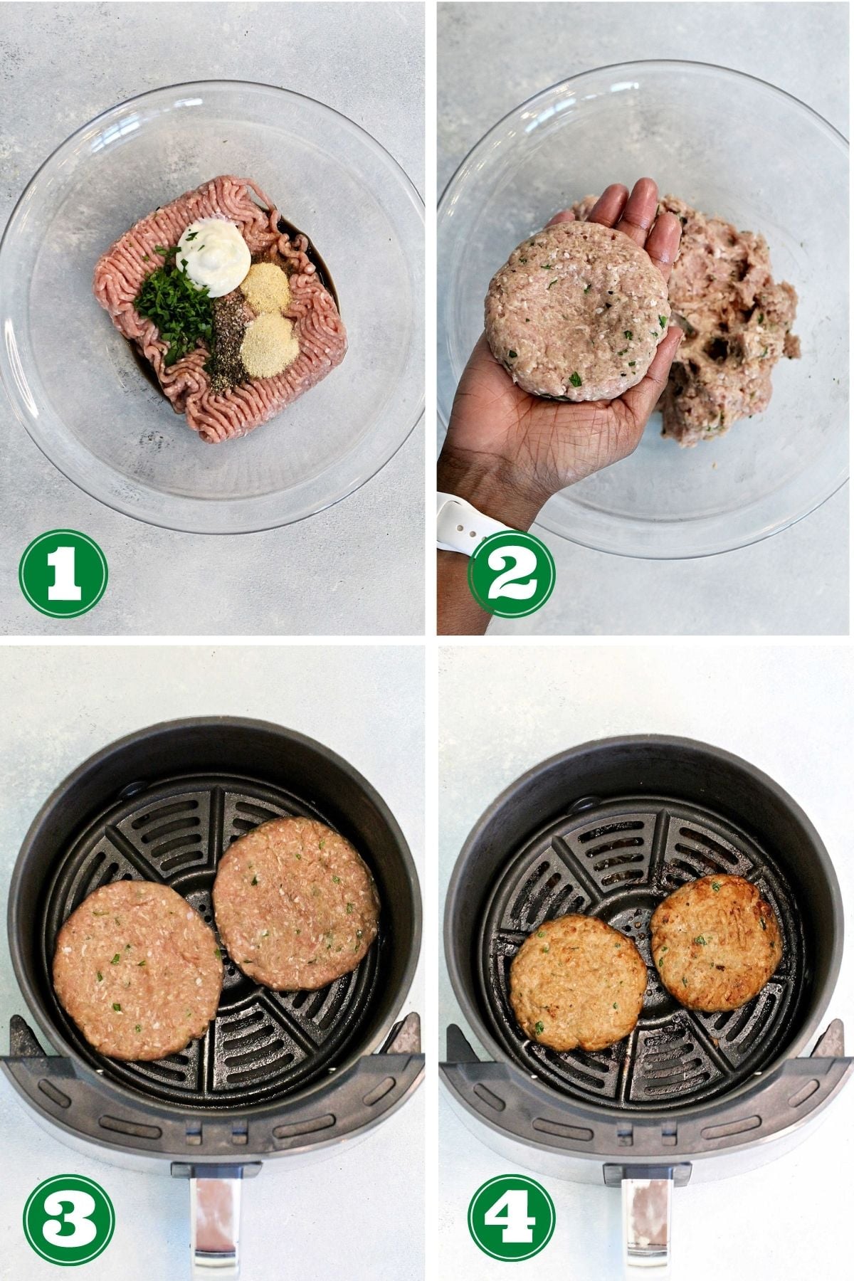 Collage of steps 1-4 how to make turkey burgers.