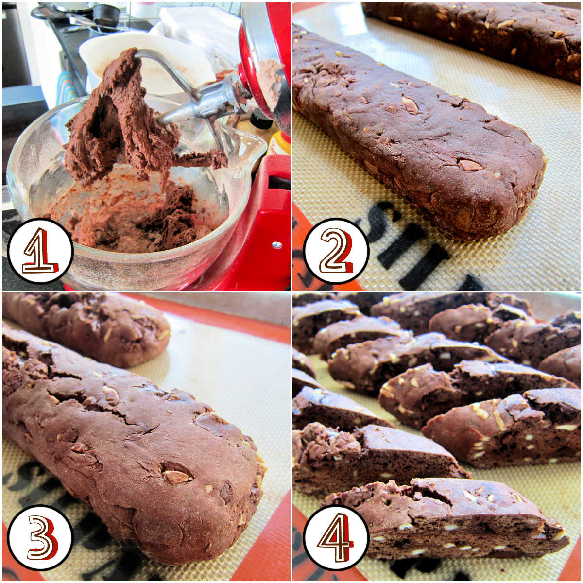 collage of steps 1-4 how to make dark chocolate almond biscotti.