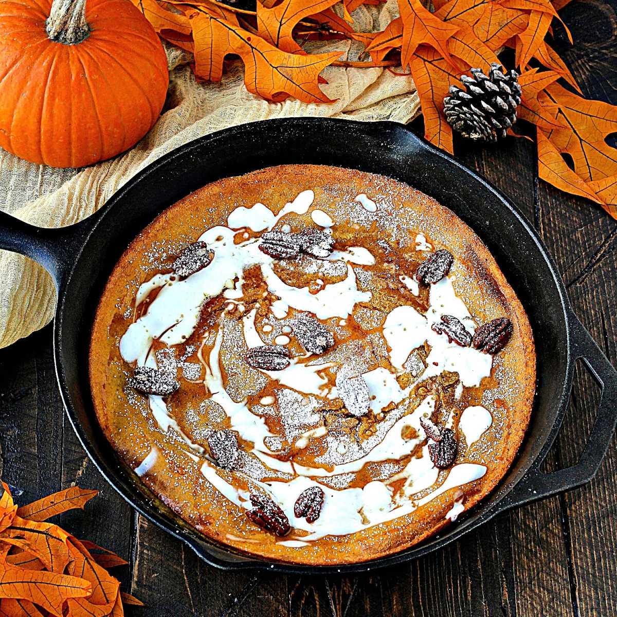 Pumpkin Spice Dutch Baby in cast iron skillet.