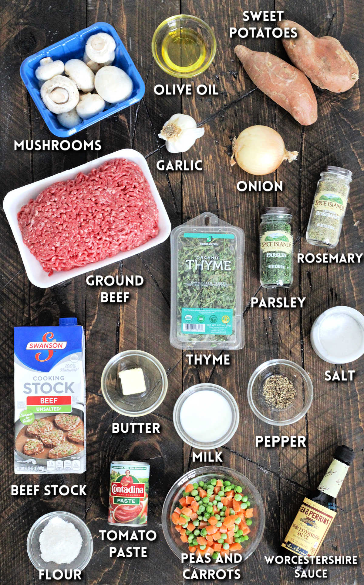 Ingredients for sweet potato shepherd's pie.